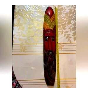 VTG?Wood Face Mask Hand Carved Painted Tribal Folk Art Wall Hanging 24”